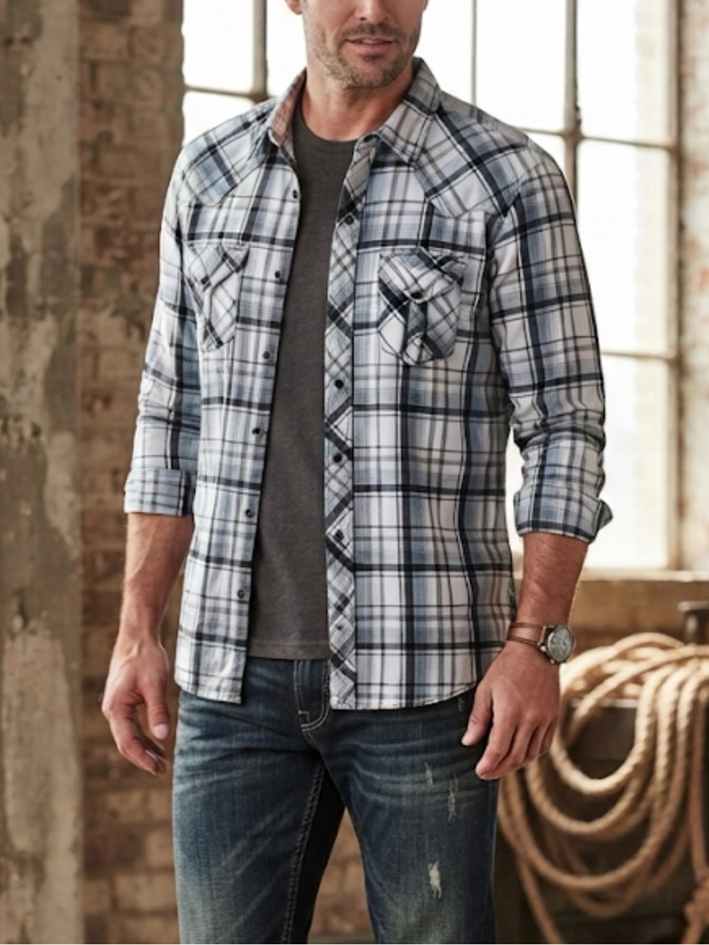 BKE Plaid Western Button Down Shirt Rugged Outdoor XL Athletic Fit Stretch